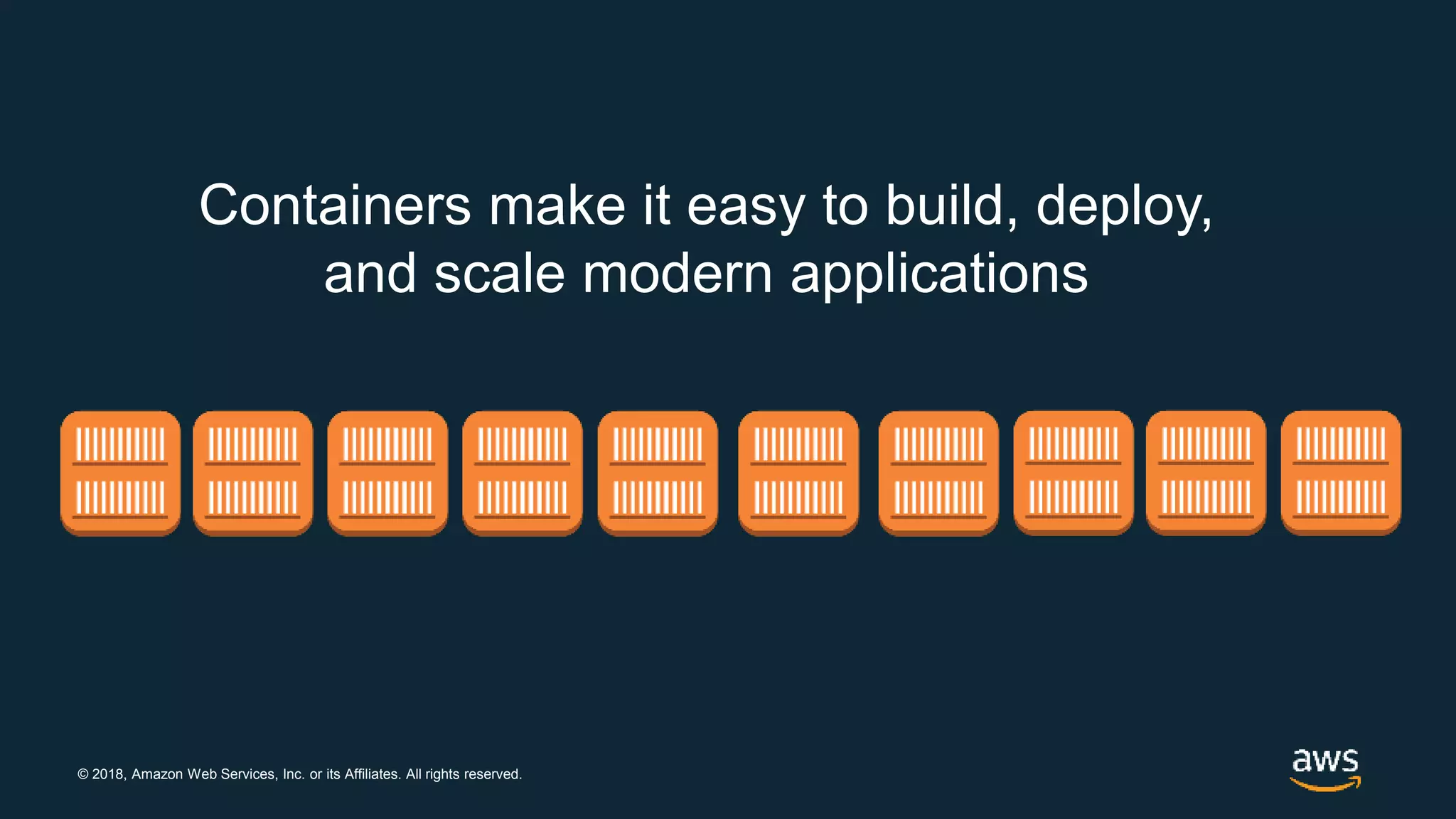 © 2018, Amazon Web Services, Inc. or its Affiliates. All rights reserved.
Containers make it easy to build, deploy,
and scale modern applications
 