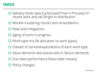 @mattphilip #lkstl
TOPICS
▫︎Delivery times (aka Cycle/Lead/Time-in-Process) of
recent work and tail length in distribution
▫︎Blocker-clustering results and remediations
▫︎Risks and mitigations
▫︎Aging of work in progress
▫︎Work-type mix (% allocation to work types)
▫︎Classes of service/expectations of each work type
▫︎Value-demand ratio (value-add or failure demand)
▫︎Due-date performance (ﬁxed-date misses)
▫︎Policy changes
 