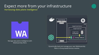 Manage data plane intelligence with
WebAssembly ﬁlters
Expect more from your infrastructure
Harnessing data plane intelligence
Dynamically load and manage your own WebAssembly
ﬁlters in Envoy-based service meshes.
 