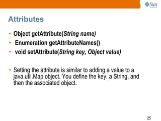25
Attributes
• Object getAttribute(String name)
• Enumeration getAttributeNames()
• void setAttribute(String key, Object value)
• Setting the attribute is similar to adding a value to a
java.util.Map object. You define the key, a String, and
then the associated object.
 