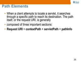 36
Path Elements
• When a client attempts to locate a servlet, it searches
through a specific path to reach its destination. The path
itself, or the request URI, is generally
• composed of three important sections:
• Request URI = contextPath + servletPath + pathInfo
 