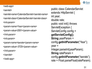 51
<web-app>
<servlet>
<servlet-name>CalendarServlet</servlet-name>
<servlet-class>CalendarServlet</servlet-class>
<init-param>
<param-name>Year</param-name>
<param-value>2001</param-value>
</init-param>
<init-param>
<param-name>taxrate</param-name>
<param-value>.0725</param-value>
</init-param>
</servlet>
</web-app>
public class CalendarServlet
extends HttpServlet {
int year;
double rate;
public void init() throws
ServletException {
ServletConfig config =
getServletConfig();
String yearParam =
config.getInitParameter(“Year”);
year =
Integer.parseInt(yearParam);
String rateParam =
config.getInitParameter(“taxrate”);
rate = Float.parseFloat(rateParam);
 