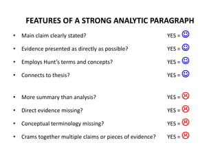 FEATURES OF A STRONG ANALYTIC PARAGRAPH
• Main claim clearly stated? YES = 
• Evidence presented as directly as possible? YES = 
• Employs Hunt’s terms and concepts? YES = 
• Connects to thesis? YES = 
• More summary than analysis? YES = 
• Direct evidence missing? YES = 
• Conceptual terminology missing? YES = 
• Crams together multiple claims or pieces of evidence? YES = 
 