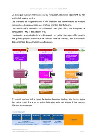 La révolution digitale va-t-elle bousculer l’ordre établi du BTP ?
On distingue plusieurs marchés : neuf ou rénovation, résidentiel (logement) ou non
résidentiel, travaux publics.
Les chantiers de « logement neuf » font intervenir des constructeurs de maisons
individuelles, des économistes, des chefs de chantier, des tâcherons.
Les chantiers de « rénovation » font intervenir : des particuliers, des entreprises de
constructions PME et des artisans TPE.
Les chantiers « non résidentiel » font intervenir : un maître d’ouvrage public ou privé,
des grands groupes (conducteur de chantier, chef de chantier), des économistes,
des entreprises de construction sous-traitantes.
En résumé, quel que soit la nature du chantier, beaucoup d’acteurs interviennent autour
d’un même projet. Il y a un fort enjeu d’interaction entre ces acteurs à des moments
différents du déroulement.
Stéphanie Bigeon-Bienvenu
Thèse professionnelle MBA Spécialisé Marketing Commerce sur Internet – PT2015 16/140
 