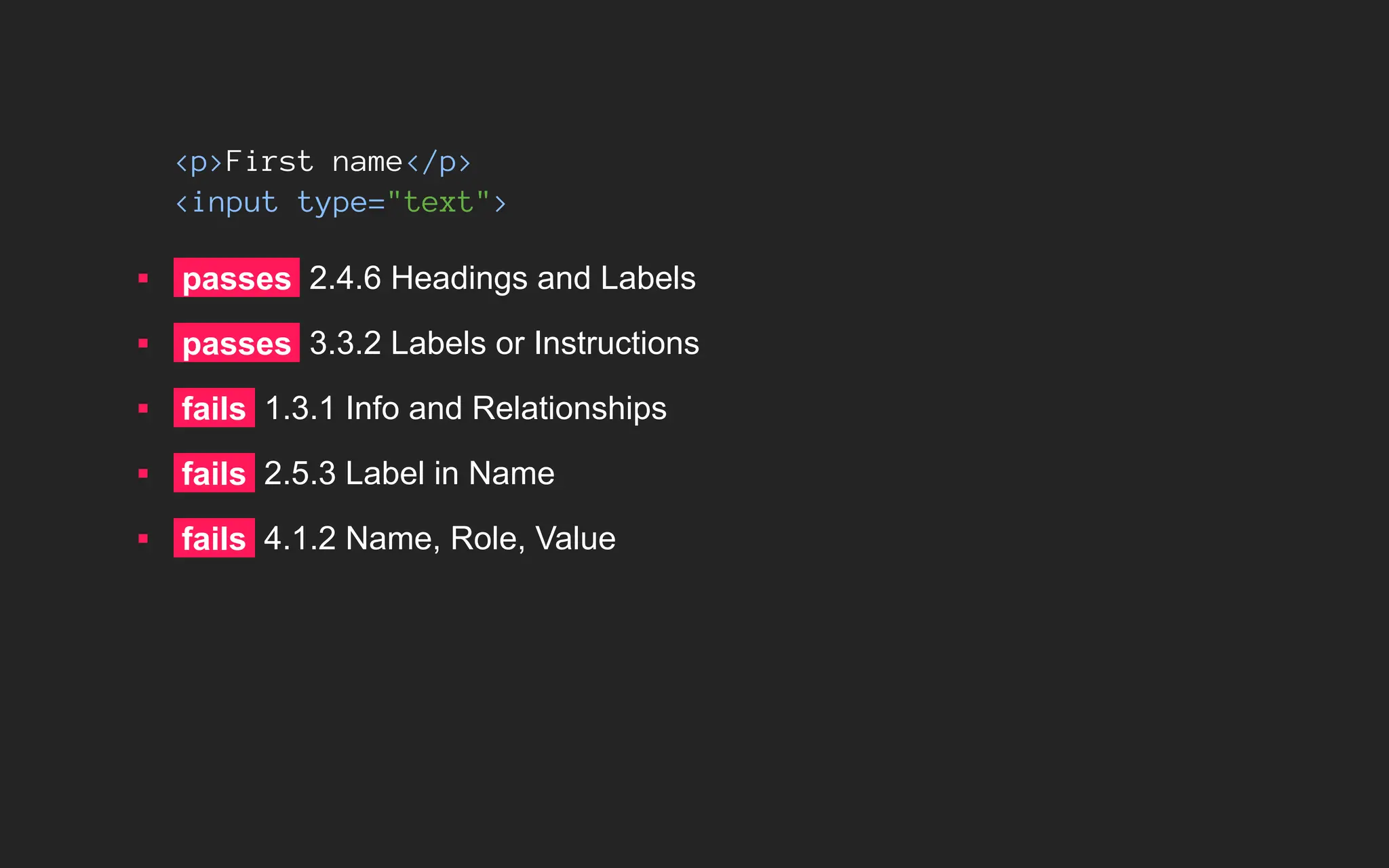 <p>First name</p>
<input type="text">
▪ passes 2.4.6 Headings and Labels
▪ passes 3.3.2 Labels or Instructions
▪ fails 1.3.1 Info and Relationships
▪ fails 2.5.3 Label in Name
▪ fails 4.1.2 Name, Role, Value
 