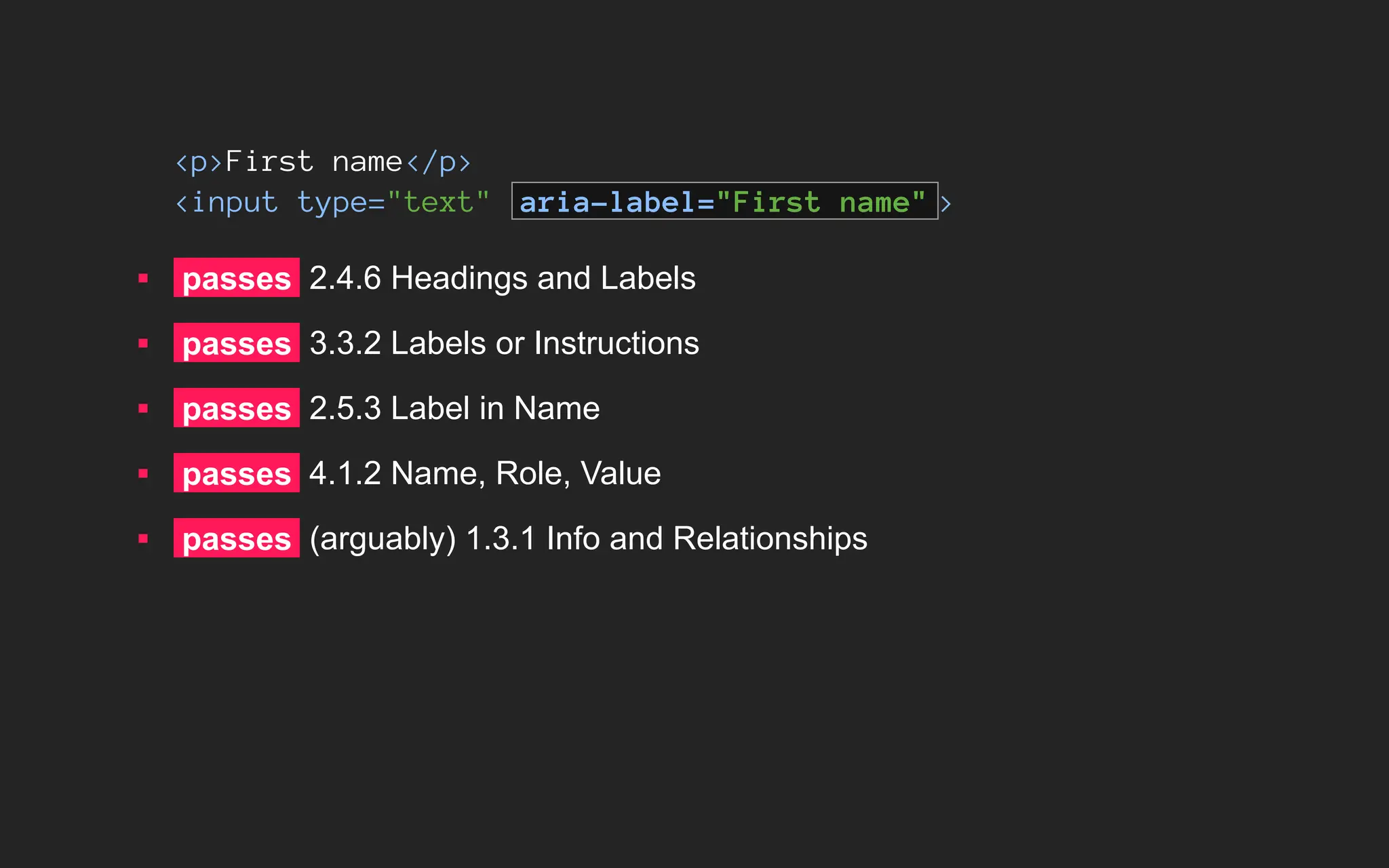 <p>First name</p>
<input type="text" aria-label="First name" >
▪ passes 2.4.6 Headings and Labels
▪ passes 3.3.2 Labels or Instructions
▪ passes 2.5.3 Label in Name
▪ passes 4.1.2 Name, Role, Value
▪ passes (arguably) 1.3.1 Info and Relationships
 