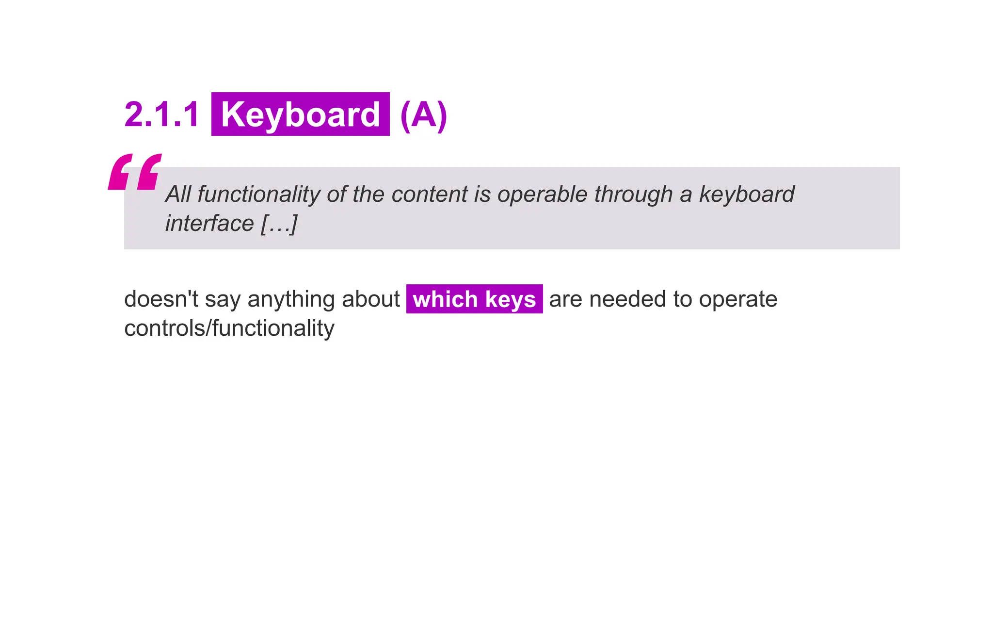 2.1.1 Keyboard (A)
All functionality of the content is operable through a keyboard
interface […]
doesn't say anything about which keys are needed to operate
controls/functionality
“
 