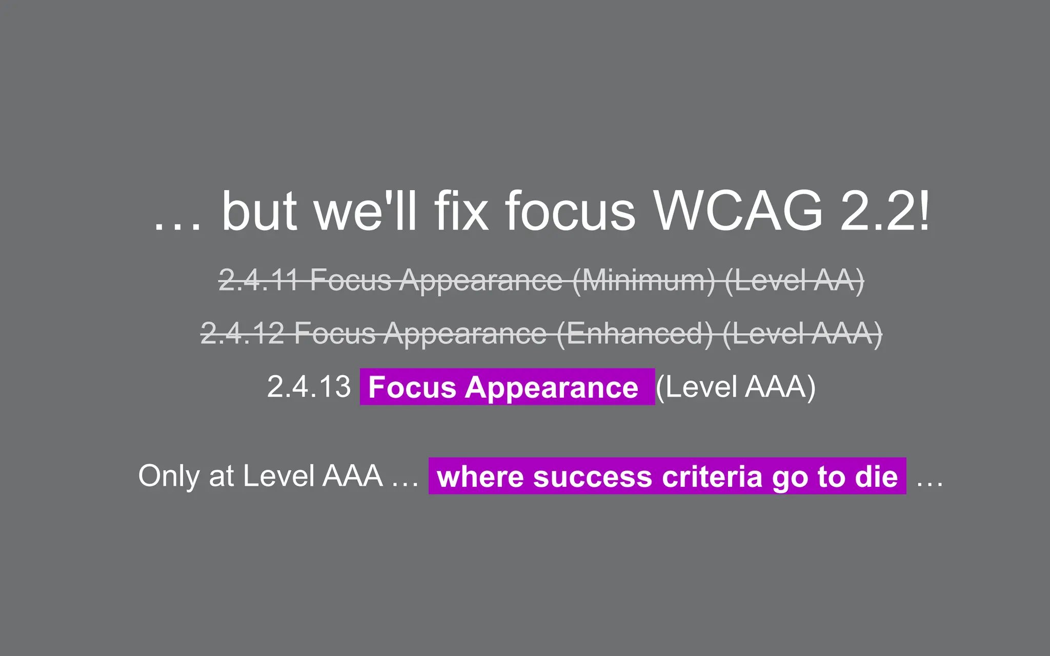 … but we'll fix focus WCAG 2.2!
2.4.13 Focus Appearance (Level AAA)
Only at Level AAA … where success criteria go to die …
2.4.11 Focus Appearance (Minimum) (Level AA)
2.4.12 Focus Appearance (Enhanced) (Level AAA)
 