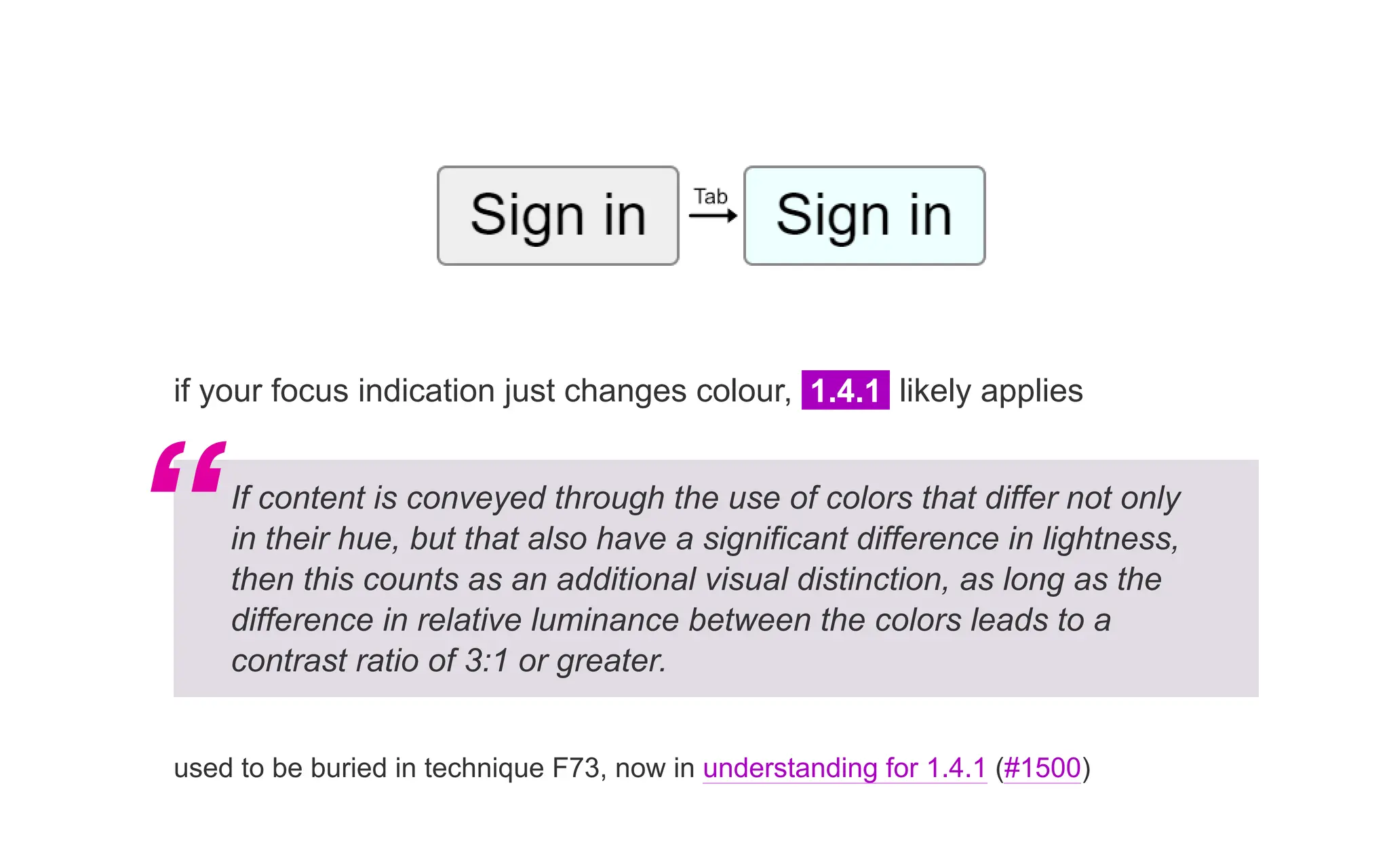 if your focus indication just changes colour, 1.4.1 likely applies
If content is conveyed through the use of colors that differ not only
in their hue, but that also have a significant difference in lightness,
then this counts as an additional visual distinction, as long as the
difference in relative luminance between the colors leads to a
contrast ratio of 3:1 or greater.
used to be buried in technique F73, now in understanding for 1.4.1 (#1500)
“
 