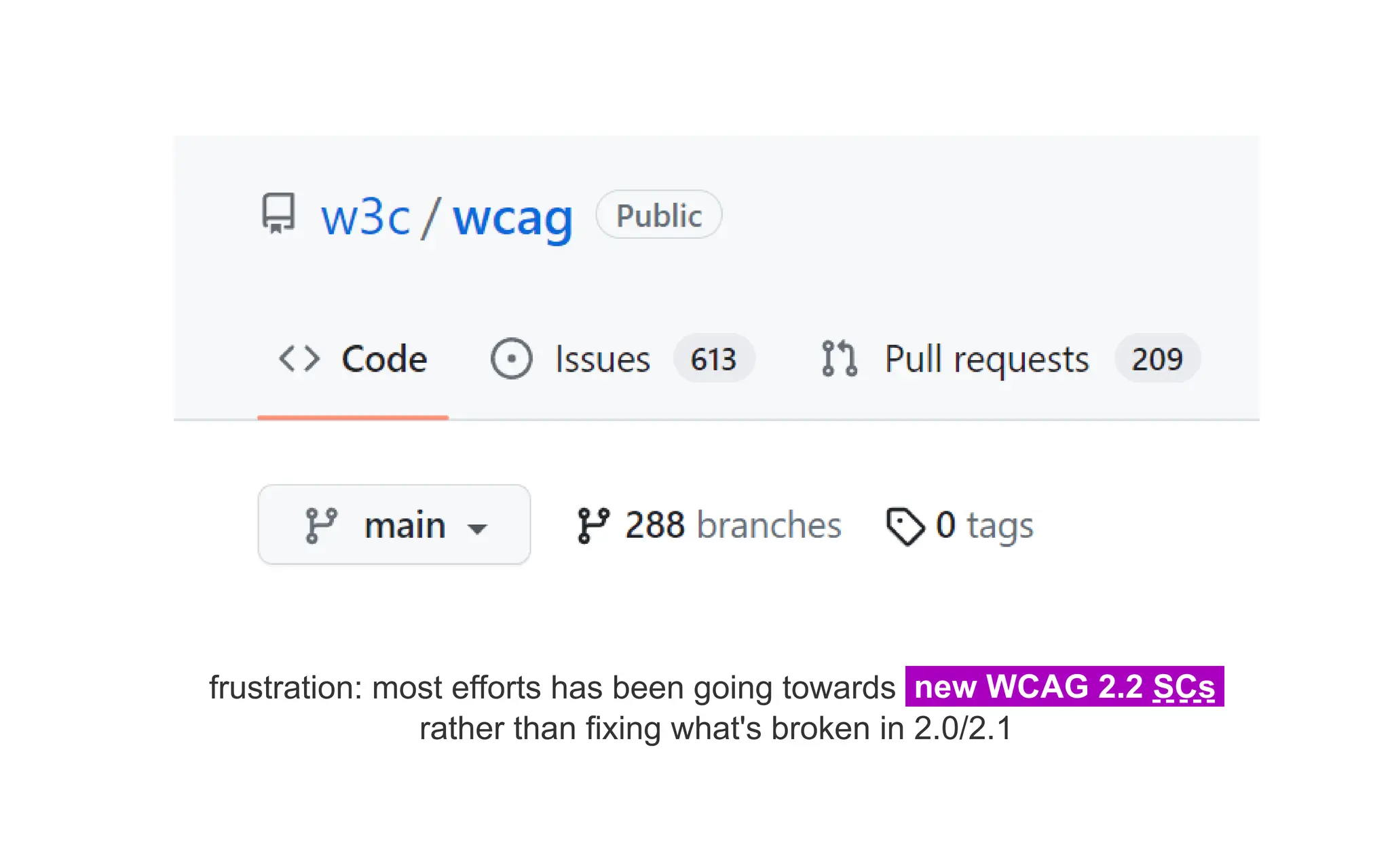 frustration: most efforts has been going towards new WCAG 2.2 SCs
rather than fixing what's broken in 2.0/2.1
 