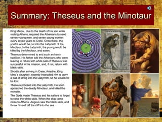 Summary: Theseus and the MinotaurSummary: Theseus and the Minotaur
 King Minos , due to the death of his son whileKing Minos , due to the death of his son while
visiting Athens, required the Athenians to sendvisiting Athens, required the Athenians to send
seven young men, and seven young womenseven young men, and seven young women
every seven years to Crete. Once there, theevery seven years to Crete. Once there, the
youths would be put into the Labyrinth of theyouths would be put into the Labyrinth of the
Minotaur. In the Labyrinth, the young would beMinotaur. In the Labyrinth, the young would be
killed by the Minotaur, and eaten.killed by the Minotaur, and eaten.
 Theseus determined to end such an harshTheseus determined to end such an harsh
tradition. His father told the Athenians who weretradition. His father told the Athenians who were
leaving to return with white sails if Theseus wasleaving to return with white sails if Theseus was
successful in his mission, and, if not, return withsuccessful in his mission, and, if not, return with
black sails.black sails.
 Shortly after arriving in Crete, Ariadne, KingShortly after arriving in Crete, Ariadne, King
Mino’s daughter, secretly instructed him to carryMino’s daughter, secretly instructed him to carry
a ball of string into the Labyrinth, so he would nota ball of string into the Labyrinth, so he would not
be lost.be lost.
 Theseus proceed into the Labyrinth. He soonTheseus proceed into the Labyrinth. He soon
aproached the deadly Minotaur, and killed theaproached the deadly Minotaur, and killed the
monster.monster.
 The Gods made Theseus and his sailors to forgetThe Gods made Theseus and his sailors to forget
to raise the white sails. When the ship cameto raise the white sails. When the ship came
close to Athens, Aegeus saw the black sails, andclose to Athens, Aegeus saw the black sails, and
threw himself off the cliff into the sea.threw himself off the cliff into the sea.
 