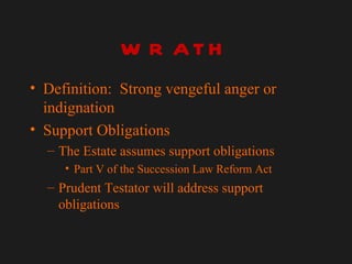 WRATH <ul><li>Definition:  Strong vengeful anger or indignation </li></ul><ul><li>Support Obligations </li></ul><ul><ul><l...