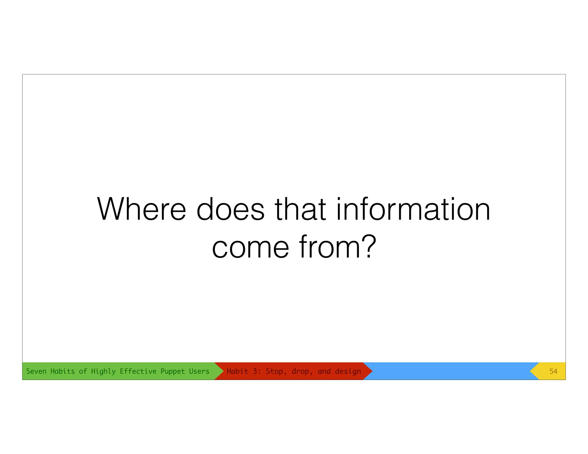 Seven Habits of Highly Effective Puppet Users
Where does that information
come from?
54Habit 3: Stop, drop, and design
 
