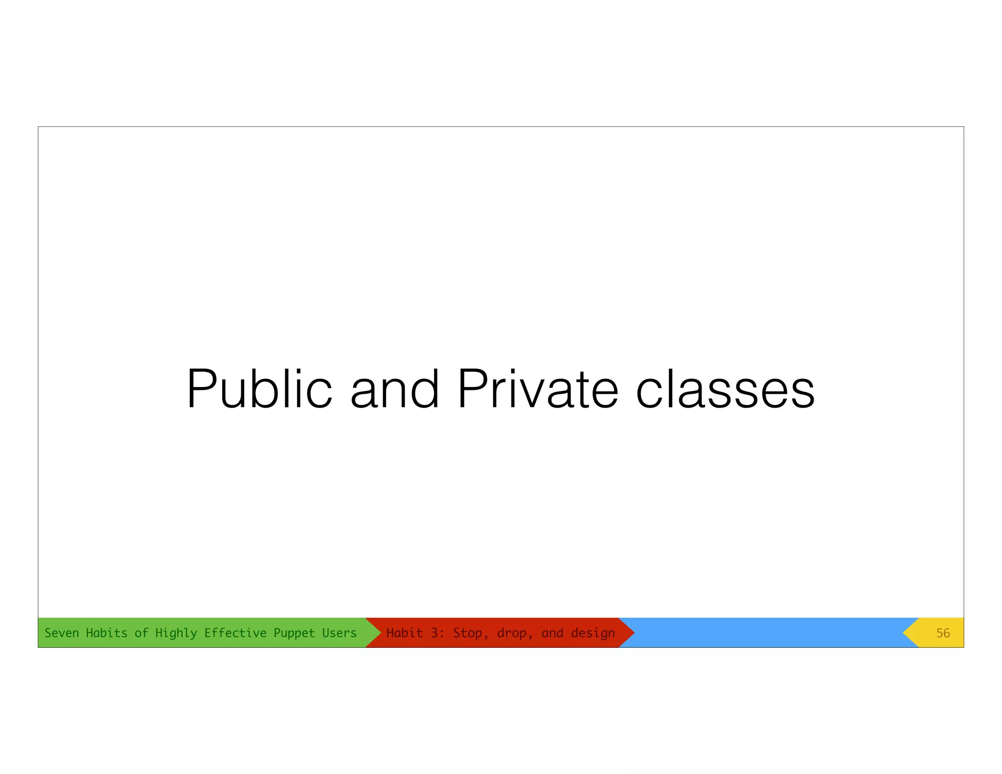 Seven Habits of Highly Effective Puppet Users
Public and Private classes
56Habit 3: Stop, drop, and design
 