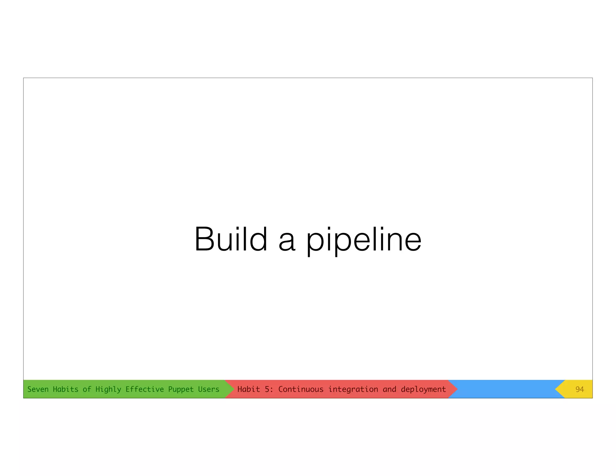Seven Habits of Highly Effective Puppet Users
Build a pipeline
94Habit 5: Continuous integration and deployment
 