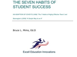 THE SEVEN HABITS OF
STUDENT SUCCESS
AN ADAPTION OF COVEY’S (1998) “The 7 Habits of Highly Effective Teens” and
Basmagian’s (2006) “A Simple Way to an A”

Bruce L. Mims, Ed.D

 
