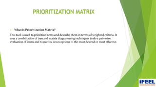 PRIORITIZATION MATRIX
 What is Prioritization Matrix?
This tool is used to prioritize items and describe them in terms of weighted criteria. It
uses a combination of tree and matrix diagramming techniques to do a pair-wise
evaluation of items and to narrow down options to the most desired or most effective.
 