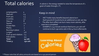 Total calories
* Please note that all calory amounts are based on a 150 pound person
jumping jacks: 5
Wall sits: 2.5
Push ups: 2.3
crunches: 1.7
Step up: 8
Squats: 7.2
triceps dips: 2
Planks: 2
Running in place: 3
Lunges: 4.6
Push up and rotation: 2.3
Side planks: 3.4
Total: 44 cals
Times 3: 130 cals
Keep in mind
• HICT holds many benefits beyond calorie burn
• Each pound of muscle burns an additional 10 cals per day
• The after-burn effect can burn many more calories, after
exercise is completed
• EXAMPLE: a 45 minute workout that burns 420 cals will
continue to burn 190 extra cals in the 14 hours afterwards
A calorie is the energy needed to raise the temperature of 1
gram of water through 1 °C
 