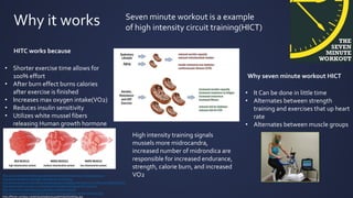 Why it works Seven minute workout is a example
of high intensity circuit training(HICT)
http://www.womenshealthmag.com/fitness/the-truth-about-the-7-minute-workout
http://www.builtdaily.com/high-intensity-circuit-training/
http://exercise.about.com/od/exerciseglossaryterms/g/High-Intensity-Circuit-Training-Definition.htm
http://sportsmedicine.about.com/od/anatomyandphysiology/a/VO2_max.htm
http://www.ntnu.edu/news/2013-news/fit-in-twelve-minutes
http://fitness.mercola.com/sites/fitness/archive/2013/05/24/7-minute-workout.aspx
http://fitstar.com/wp-content/uploads/2014/06/mitochondria4.jpg
HITC works because
Why seven minute workout HICT
• Shorter exercise time allows for
100% effort
• After burn effect burns calories
after exercise is finished
• Increases max oxygen intake(VO2)
• Reduces insulin sensitivity
• Utilizes white mussel fibers
releasing Human growth hormone
• It Can be done in little time
• Alternates between strength
training and exercises that up heart
rate
• Alternates between muscle groups
High intensity training signals
mussels more midrocandra,
increased number of midrondica are
responsible for increased endurance,
strength, calorie burn, and increased
VO2
 