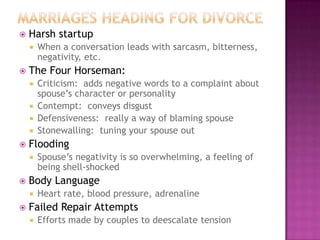 

Harsh startup




The Four Horseman:







Spouse’s negativity is so overwhelming, a feeling of
being shell-shocked

Body Language




Criticism: adds negative words to a complaint about
spouse’s character or personality
Contempt: conveys disgust
Defensiveness: really a way of blaming spouse
Stonewalling: tuning your spouse out

Flooding




When a conversation leads with sarcasm, bitterness,
negativity, etc.

Heart rate, blood pressure, adrenaline

Failed Repair Attempts


Efforts made by couples to deescalate tension

 