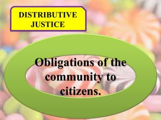DISTRIBUTIVE
JUSTICE
Obligations of the
community to
citizens.
 