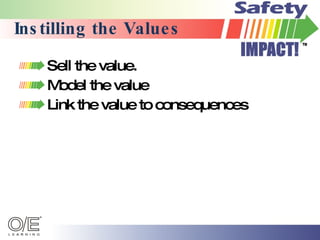 Instilling the Values Sell the value. Model the value Link the value to consequences 