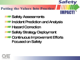 Putting the Values Into Practice Safety Assessments Incident Prediction and Analysis Hazard Correction Safety Strategy Deployment Continuous Improvement Efforts Focused on Safety 