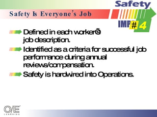 Safety Is Everyone’s Job Defined in each worker’s  job description. Identified as a criteria for successful job performance during annual reviews/compensation. Safety is hardwired into Operations. 