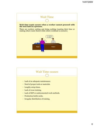 14/07/2009




                           Wait Time

Wait time waste occurs when a worker cannot proceed with
the next task in a process.
There are workers waiting and doing nothing (wasting their time or
making others waste theirs) while others workload is excessive.




                    Wait Time causes


    Lack of an adequate maintenance.
    Need of proper tools or materials.
    Lengthy setup times.
    Lack of cross training.
    Lack of SOP or undocumented work methods.
    Production bottle necks.
    Irregular distribution of training.




                                                                             6
 