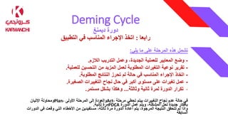 Deming Cycle
‫ديمنغ‬ ‫دورة‬
‫رابعا‬
:
‫التطبيق‬ ‫في‬ ‫المناسب‬ ‫اإلجراء‬ ‫اتخذ‬
‫يلي‬ ‫ما‬ ‫على‬ ‫المرحلة‬ ‫هذه‬ ‫تشمل‬
:
-
‫الالزم‬ ‫التدريب‬ ‫وعمل‬ ،‫الجديدة‬ ‫للعملية‬ ‫المعايير‬ ‫وضع‬
.
-
‫للعملية‬ ‫التحسين‬ ‫من‬ ‫المزيد‬ ‫لعمل‬ ‫المطلوبة‬ ‫التغيرات‬ ‫نوعية‬ ‫تقرير‬
.
-
‫المطلوبة‬ ‫النتائج‬ ‫تحرز‬ ‫لم‬ ‫حالة‬ ‫في‬ ‫المناسب‬ ‫اإلجراء‬ ‫اتخاذ‬
.
-
‫الصغيرة‬ ‫التغييرات‬ ‫نجاح‬ ‫حال‬ ‫في‬ ‫أكبر‬ ‫مستوى‬ ‫على‬ ‫تغيرات‬ ‫عمل‬
.
-
‫وثالثة‬ ‫ثانية‬ ‫لمرة‬ ‫الدورة‬ ‫تكرار‬
...
‫مستمر‬ ‫بشكل‬ ‫وهكذا‬
.
‫مرحلة‬ ‫تحطي‬ ‫بيتم‬ ‫التغييرات‬ ‫نجاح‬ ‫عدم‬ ‫حالة‬ ‫في‬
،
Act
‫األولى‬ ‫المرحلة‬ ‫إلى‬ ‫والعودة‬
،
Plan
‫اإلتيان‬ ‫ومحاولة‬
‫الدورة‬ ‫عمل‬ ‫ويتم‬ ،‫المشكلة‬ ‫لحل‬ ‫جديدة‬ ‫بأفكار‬
PDCA
‫ثانية‬ ‫مرة‬
.
‫الدور‬ ‫في‬ ‫وقعت‬ ‫التي‬ ‫األخطاء‬ ‫من‬ ‫مستفيدين‬ ،‫ثالثة‬ ‫مرة‬ ‫الدورة‬ ‫اعادة‬ ‫يتم‬ ،‫المرجوة‬ ‫النتيجة‬ ‫تتحقق‬ ‫لم‬ ‫واذا‬
‫ات‬
‫السابقة‬
 