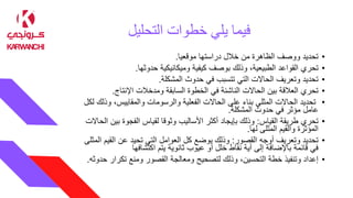 ‫ف‬
‫يما‬
‫خطوات‬ ‫يلي‬
‫التحليل‬
•
‫دراستها‬ ‫خالل‬ ‫من‬ ‫الظاهرة‬ ‫ووصف‬ ‫تحديد‬
‫موقعيا‬
.
•
‫حدوثها‬ ‫وميكانيكية‬ ‫كيفية‬ ‫بوصف‬ ‫وذلك‬ ،‫الطبيعية‬ ‫القواعد‬ ‫تحري‬
.
•
‫المشكلة‬ ‫حدوث‬ ‫في‬ ‫تتسبب‬ ‫التي‬ ‫الحاالت‬ ‫وتعريف‬ ‫تحديد‬
.
•
‫اإلنتاج‬ ‫ومدخالت‬ ‫السابقة‬ ‫الخطوة‬ ‫في‬ ‫الناشئة‬ ‫الحاالت‬ ‫بين‬ ‫العالقة‬ ‫تحري‬
.
•
‫والمقاييس‬ ‫والرسومات‬ ‫الفعلية‬ ‫الحاالت‬ ‫على‬ ‫بناء‬ ‫المثلى‬ ‫الحاالت‬ ‫تحديد‬
‫لكل‬ ‫وذلك‬ ،
‫المشكلة‬ ‫حدوث‬ ‫في‬ ‫مؤثر‬ ‫عامل‬
.
•
‫القياس‬ ‫طريقة‬ ‫تحري‬
:
‫ب‬ ‫الفجوة‬ ‫لقياس‬ ‫وثوقا‬ ‫األساليب‬ ‫أكثر‬ ‫بإيجاد‬ ‫وذلك‬
‫الحاالت‬ ‫ين‬
‫لها‬ ‫المثلى‬ ‫والقيم‬ ‫المؤثرة‬
.
•
‫القصور‬ ‫أوجه‬ ‫وتعريف‬ ‫تحديد‬
:
‫الق‬ ‫عن‬ ‫تحيد‬ ‫التي‬ ‫العوامل‬ ‫كل‬ ‫بوضع‬ ‫وذلك‬
‫المثلى‬ ‫يم‬
‫اكتشافها‬ ‫يتم‬ ‫ثانوية‬ ‫عيوب‬ ‫أو‬ ‫خلل‬ ‫نقاط‬ ‫أية‬ ‫إلى‬ ‫باإلضافة‬ ‫قائمة‬ ‫في‬
•
‫تكرا‬ ‫ومنع‬ ‫القصور‬ ‫ومعالجة‬ ‫لتصحيح‬ ‫وذلك‬ ،‫التحسين‬ ‫خطة‬ ‫وتنفيذ‬ ‫إعداد‬
‫حدوثه‬ ‫ر‬
.
 