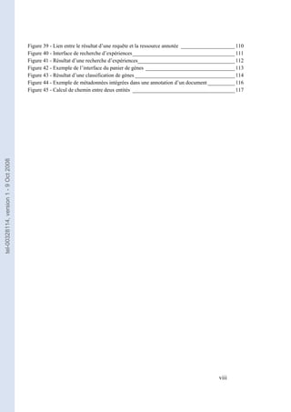 Figure 39 - Lien entre le résultat d’une requête et la ressource annotée ____________________ 110
                                       Figure 40 - Interface de recherche d’expériences______________________________________ 111
                                       Figure 41 - Résultat d’une recherche d’expériences____________________________________ 112
                                       Figure 42 - Exemple de l’interface du panier de gènes _________________________________ 113
                                       Figure 43 - Résultat d’une classification de gènes _____________________________________ 114
                                       Figure 44 - Exemple de métadonnées intégrées dans une annotation d’un document __________ 116
                                       Figure 45 - Calcul de chemin entre deux entités ______________________________________ 117
tel-00328114, version 1 - 9 Oct 2008




                                       viii                                                                                 viii
 
