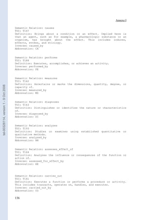 Annexe I

                                       Semantic Relation: causes
                                       TUI: T147
                                       Definition: Brings about a condition or an effect. Implied here is
                                       that an agent, such as for example, a pharmacologic substance or an
                                       organism, has brought about the effect. This includes induces,
                                       effects, evokes, and etiology.
                                       Inverse: caused_by
                                       Abbrevation: CA


                                       Semantic Relation: performs
                                       TUI: T188
                                       Definition: Executes, accomplishes, or achieves an activity.
                                       Inverse: performed_by
                                       Abbrevation: PE


                                       Semantic Relation: measures
                                       TUI: T162
                                       Definition: Ascertains or marks the dimensions, quantity, degree, or
tel-00328114, version 1 - 9 Oct 2008




                                       capacity of.
                                       Inverse: measured_by
                                       Abbrevation: MS


                                       Semantic Relation: diagnoses
                                       TUI: T163
                                       Definition: Distinguishes or identifies the nature or characteristics
                                       of.
                                       Inverse: diagnosed_by
                                       Abbrevation: DI


                                       Semantic Relation: analyzes
                                       TUI: T193
                                       Definition: Studies or examines    using   established   quantitative   or
                                       qualitative methods.
                                       Inverse: analyzed_by
                                       Abbrevation: AN


                                       Semantic Relation: assesses_effect_of
                                       TUI: T164
                                       Definition: Analyzes the influence or consequences of the function or
                                       action of.
                                       Inverse: assessed_for_effect_by
                                       Abbrevation: AE



                                       Semantic Relation: carries_out
                                       TUI: T141
                                       Definition: Executes a function or performs a procedure or activity.
                                       This includes transacts, operates on, handles, and executes.
                                       Inverse: carried_out_by
                                       Abbrevation: CO

                                       136
 