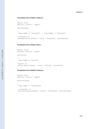 Annexe I


                                       Grammaire de la relation Analyzes :

                                       Phase: first
                                       Options: control = appelt

                                       Rule:Analyze

                                       (
                                        {Tag.lemme == "analyze"}           | {Tag.lemme == "analyse"}

                                       ):analyze -->
                                       :analyze.RelationShip = {kind = "analyze", rule=Analyze}



                                       Grammaire de la relation Alters :

                                       Phase: first
tel-00328114, version 1 - 9 Oct 2008




                                       Options: control = appelt

                                       Rule:Alter

                                       (
                                        {Tag.lemme == "alter"}

                                       ):alter -->
                                       :alter.RelationShip = {kind = "alter", rule=Alter}


                                       Grammaire de la relation Catalyzes :

                                       Phase: first
                                       Options: control = appelt

                                       Rule:Catalyze

                                       (
                                        {Tag.lemme == "catalyze"}

                                        ):catalyze -->
                                       :catalyze.RelationShip = {kind = "catalyze", rule=Catalyze}




                                                                                                            141
 