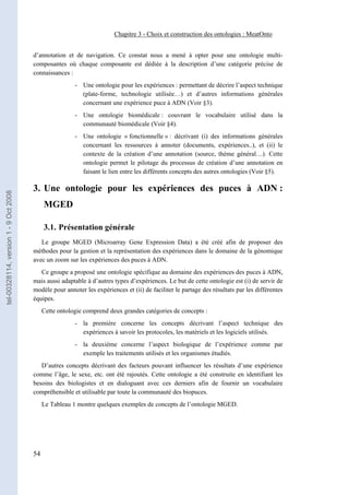 Chapitre 3 - Choix et construction des ontologies : MeatOnto


                                       d’annotation et de navigation. Ce constat nous a mené à opter pour une ontologie multi-
                                       composantes où chaque composante est dédiée à la description d’une catégorie précise de
                                       connaissances :
                                                        - Une ontologie pour les expériences : permettant de décrire l’aspect technique
                                                          (plate-forme, technologie utilisée…) et d’autres informations générales
                                                          concernant une expérience puce à ADN (Voir §3).
                                                        - Une ontologie biomédicale : couvrant le vocabulaire utilisé dans la
                                                          communauté biomédicale (Voir §4).
                                                        - Une ontologie « fonctionnelle » : décrivant (i) des informations générales
                                                          concernant les ressources à annoter (documents, expériences..), et (ii) le
                                                          contexte de la création d’une annotation (source, thème général…). Cette
                                                          ontologie permet le pilotage du processus de création d’une annotation en
                                                          faisant le lien entre les différents concepts des autres ontologies (Voir §5).

                                       3. Une ontologie pour les expériences des puces à ADN :
tel-00328114, version 1 - 9 Oct 2008




                                            MGED

                                            3.1. Présentation générale
                                          Le groupe MGED (Microarray Gene Expression Data) a été créé afin de proposer des
                                       méthodes pour la gestion et la représentation des expériences dans le domaine de la génomique
                                       avec un zoom sur les expériences des puces à ADN.
                                          Ce groupe a proposé une ontologie spécifique au domaine des expériences des puces à ADN,
                                       mais aussi adaptable à d’autres types d’expériences. Le but de cette ontologie est (i) de servir de
                                       modèle pour annoter les expériences et (ii) de faciliter le partage des résultats par les différentes
                                       équipes.
                                            Cette ontologie comprend deux grandes catégories de concepts :
                                                        - la première concerne les concepts décrivant l’aspect technique des
                                                          expériences à savoir les protocoles, les matériels et les logiciels utilisés.
                                                        - la deuxième concerne l’aspect biologique de l’expérience comme par
                                                          exemple les traitements utilisés et les organismes étudiés.
                                          D’autres concepts décrivant des facteurs pouvant influencer les résultats d’une expérience
                                       comme l’âge, le sexe, etc. ont été rajoutés. Cette ontologie a été construite en identifiant les
                                       besoins des biologistes et en dialoguant avec ces derniers afin de fournir un vocabulaire
                                       compréhensible et utilisable par toute la communauté des biopuces.
                                            Le Tableau 1 montre quelques exemples de concepts de l’ontologie MGED.




                                       54
 