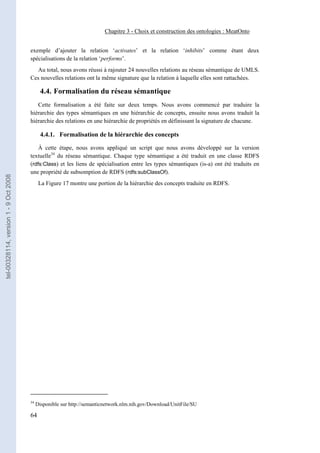 Chapitre 3 - Choix et construction des ontologies : MeatOnto


                                       exemple d’ajouter la relation ‘activates’ et la relation ‘inhibits’ comme étant deux
                                       spécialisations de la relation ‘performs’.
                                         Au total, nous avons réussi à rajouter 24 nouvelles relations au réseau sémantique de UMLS.
                                       Ces nouvelles relations ont la même signature que la relation à laquelle elles sont rattachées.

                                              4.4. Formalisation du réseau sémantique
                                          Cette formalisation a été faite sur deux temps. Nous avons commencé par traduire la
                                       hiérarchie des types sémantiques en une hiérarchie de concepts, ensuite nous avons traduit la
                                       hiérarchie des relations en une hiérarchie de propriétés en définissant la signature de chacune.

                                              4.4.1. Formalisation de la hiérarchie des concepts

                                           À cette étape, nous avons appliqué un script que nous avons développé sur la version
                                       textuelle34 du réseau sémantique. Chaque type sémantique a été traduit en une classe RDFS
                                       (rdfs:Class) et les liens de spécialisation entre les types sémantiques (is-a) ont été traduits en
                                       une propriété de subsomption de RDFS (rdfs:subClassOf).
tel-00328114, version 1 - 9 Oct 2008




                                             La Figure 17 montre une portion de la hiérarchie des concepts traduite en RDFS.




                                       34
                                            Disponible sur http://semanticnetwork.nlm.nih.gov/Download/UnitFile/SU

                                       64
 