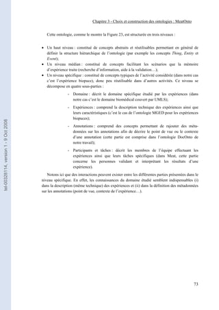 Chapitre 3 - Choix et construction des ontologies : MeatOnto


                                          Cette ontologie, comme le montre la Figure 23, est structurée en trois niveaux :


                                       • Un haut niveau : constitué de concepts abstraits et réutilisables permettant en général de
                                         définir la structure hiérarchique de l’ontologie (par exemple les concepts Thing, Entity et
                                         Event);
                                       • Un niveau médian : constitué de concepts facilitant les scénarios que la mémoire
                                         d’expérience traite (recherche d’information, aide à la validation…);
                                       • Un niveau spécifique : constitué de concepts typiques de l’activité considérée (dans notre cas
                                         c’est l’expérience biopuce), donc peu réutilisable dans d’autres activités. Ce niveau se
                                         décompose en quatre sous-parties :
                                                       - Domaine : décrit le domaine spécifique étudié par les expériences (dans
                                                         notre cas c’est le domaine biomédical couvert par UMLS);
                                                       - Expériences : comprend la description technique des expériences ainsi que
                                                         leurs caractéristiques (c’est le cas de l’ontologie MGED pour les expériences
                                                         biopuces);
tel-00328114, version 1 - 9 Oct 2008




                                                       - Annotations : comprend des concepts permettant de rajouter des méta-
                                                         données sur les annotations afin de décrire le point de vue ou le contexte
                                                         d’une annotation (cette partie est comprise dans l’ontologie DocOnto de
                                                         notre travail);
                                                       - Participants et tâches : décrit les membres de l’équipe effectuant les
                                                         expériences ainsi que leurs tâches spécifiques (dans Meat, cette partie
                                                         concerne les personnes validant et interprétant les résultats d’une
                                                         expérience).
                                          Notons ici que des interactions peuvent exister entre les différentes parties présentées dans le
                                       niveau spécifique. En effet, les connaissances du domaine étudié semblent indispensables (i)
                                       dans la description (même technique) des expériences et (ii) dans la définition des métadonnées
                                       sur les annotations (point de vue, contexte de l’expérience…).




                                                                                                                                       73
 