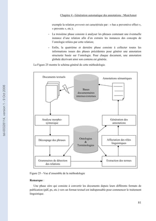 Chapitre 4 - Génération automatique des annotations : MeatAnnot


                                                          exemple la relation prevents est caractérisée par : « has a preventive effect »,
                                                          « prevents », etc.);
                                                       - La troisième phase consiste à analyser les phrases contenant une éventuelle
                                                         instance d’une relation afin d’en extraire les instances des concepts de
                                                         l’ontologie reliées par cette relation;
                                                       - Enfin, la quatrième et dernière phase consiste à collecter toutes les
                                                         informations issues des phases précédentes pour générer une annotation
                                                         structurée basée sur l’ontologie. Pour chaque document, une annotation
                                                         globale décrivant ainsi son contenu est générée.
                                          La Figure 25 montre le schéma général de cette méthodologie.



                                                  Documents textuels                                   Annotations sémantiques
tel-00328114, version 1 - 9 Oct 2008




                                                                                     Bases
                                                                                documentaires
                                                                               internes/externes




                                                 Analyse morpho-                                              Génération des
                                                   syntaxique                                                  annotations




                                                                                 Ontologies                Affectation des rôles
                                              Découpage des phrases
                                                                                     &                         linguistiques
                                                                                Terminologies




                                              Grammaires de détection                                     Extraction des termes
                                                  des relations


                                       Figure 25 - Vue d’ensemble de la méthodologie

                                       Remarque :
                                          Une phase zéro qui consiste à convertir les documents depuis leurs différents formats de
                                       publication (pdf, ps, etc.) vers un format textuel est indispensable pour commencer le traitement
                                       linguistique.


                                                                                                                                       81
 