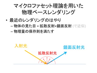 マイクロファセット理論を用いた
物理ベースレンダリング
• 最近のレンダリングのはやり
– 物体の見た目 = 拡散反射+鏡面反射 (で近似)
– 物理量の保存則を満たす
入射光 鏡面反射光
拡散反射光
 