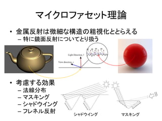 マイクロファセット理論
• 金属反射は微細な構造の粗視化ととらえる
– 特に鏡面反射についてとり扱う
• 考慮する効果
– 法線分布
– マスキング
– シャドウイング
– フレネル反射 シャドウイング マスキング
 