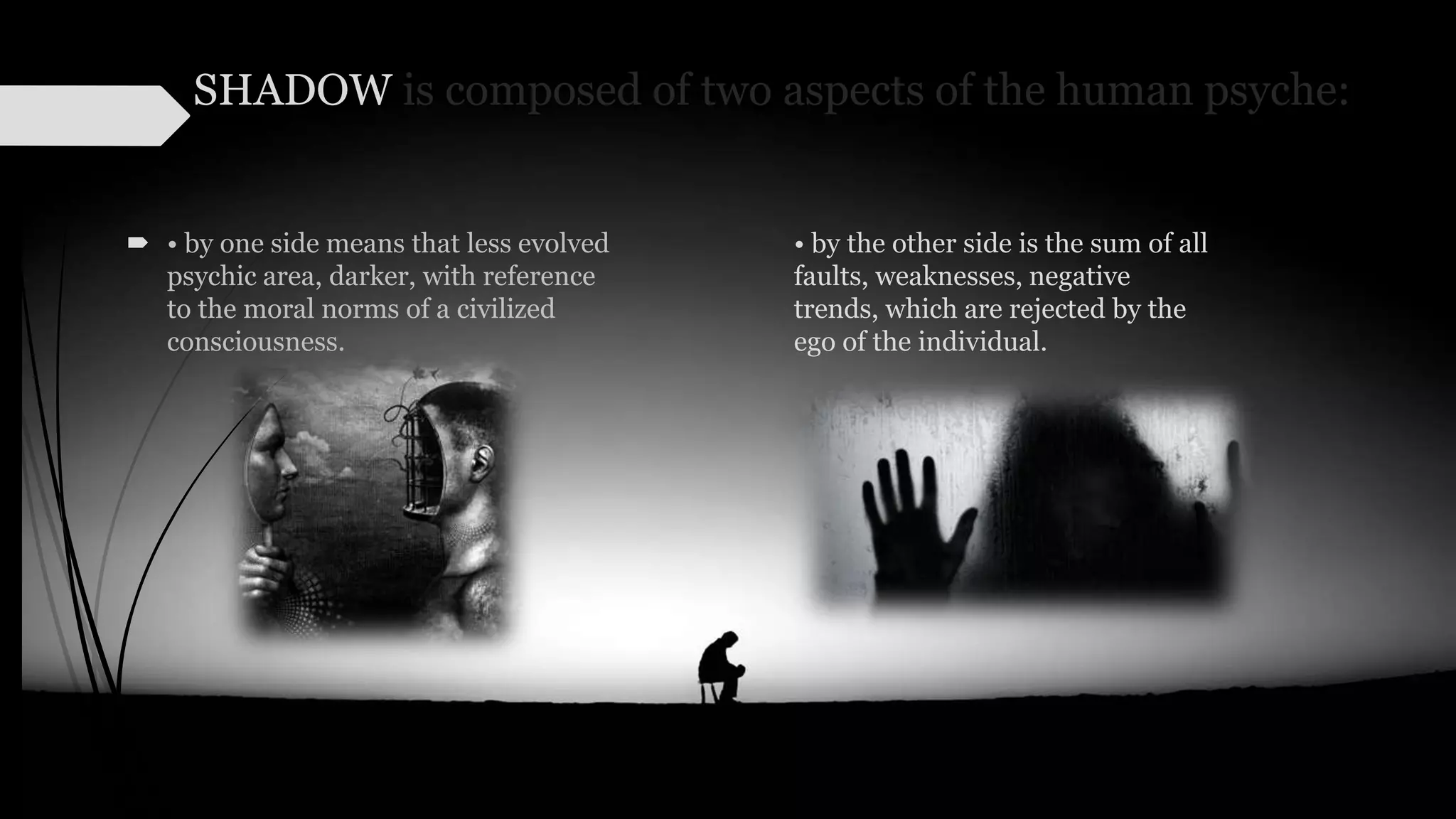 SHADOW is composed of two aspects of the human psyche:
 • by one side means that less evolved
psychic area, darker, with reference
to the moral norms of a civilized
consciousness.
• by the other side is the sum of all
faults, weaknesses, negative
trends, which are rejected by the
ego of the individual.
 