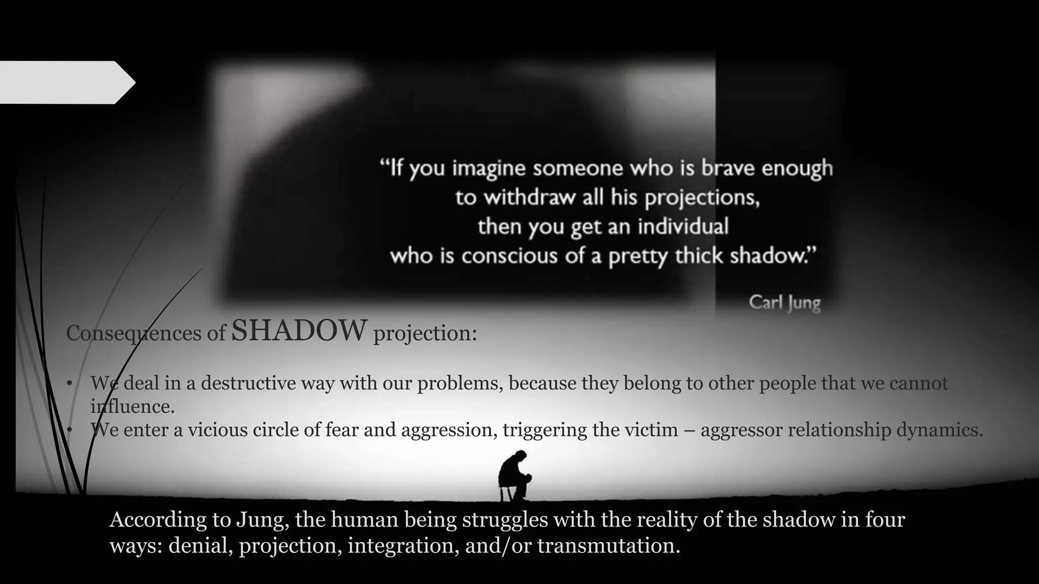 Consequences of SHADOW projection:
• We deal in a destructive way with our problems, because they belong to other people that we cannot
influence.
• We enter a vicious circle of fear and aggression, triggering the victim – aggressor relationship dynamics.
According to Jung, the human being struggles with the reality of the shadow in four
ways: denial, projection, integration, and/or transmutation.
 