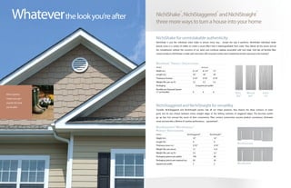 NichiStaggered and NichiStraight for versatility
Consider NichiStaggered and NichiStraight panels. Like all our shake products, they feature the deep contours of cedar
grain, but let you choose between classic straight edges or the striking contrasts of staggered edges. The four-foot panels
go up fast, but conceal the secret of their convenience. Fiber cement construction ensures product consistency, eliminates
waste and provides a lifetime of carefree performance… guaranteed*.
NichiShake for unmistakable authenticity
NichiShake is just like individual cedar shake in almost every way… except the way it performs. NichiShake individual shake
boards come in a variety of widths to create a visual effect that is indistinguishable from cedar. They deliver all the charm and all
the compliments without the concerns of rot, pests and continual upkeep associated with real cedar. And like all Nichiha fiber
cement products, NichiShake is made with more than 50% recycled content and is backed by the best warranty in the industry*.
NichiShake
™
,NichiStaggered
™
andNichiStraight
™
threemorewaystoturnahouseintoyourhome
More options
means you get
exactly the look
you’re after
Whateverthelookyou’reafter
NichiShake™
Product Specifications
profile	 individuals	
Width (in.)	 6-1/4"	8-1/4"	12"
Length (in.)	 18"	18"	18"
Thickness (inches)	 5/16"	5/16"	5/16"
Weight (lbs. per sq. ft.)	 2.2	 2.2	 2.2
Packaging	 8 squares per pallet
Bundles per Exposed Square
(11 pc/bundle)	 6	 6	 6
NichiStaggered™
/NichiStraight™
Product Specifications
profile	 NichiStaggered™	NichiStraight™
Height (in.)	 16"	16"
Length (ft.)	 4’	 4’
Thickness (nom. in.)	 5/16"	5/16"
Weight (lbs. per piece)	 12	 12.5
Weight (lbs. per sq. ft.)	 2.2	 2.2
Packaging (pieces per pallet) 	 100	 86
Packaging (pieces per exposed sq.)	 50	 43
Squares per pallet	 2	 2
Large
12"
Medium
8¼"
Small
6¼"
NichiStaggered
NichiStraight
 