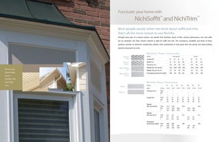 Punctuate yourhomewith
NichiSoffit™
andNichiTrim™
Virtually every part of a home’s exterior can benefit from Nichiha’s brand of fiber cement performance; trim and soffit
are no exception. Our fiber cement material is ideal for soffit and trim. The consistency, durability and finish of these
products provide an attractive, trouble-free solution that’s guaranteed to look great from the get-go and keep looking
great for many years to come.
NichiTrim™
Product Specifications
profile	 4	 6	 8	 8	 10	 12	 12
width	 actual	 3-1/2	 5-1/2	 7-1/4	 7-1/2	 9-1/4	 11-1/4	 11-1/2
Thickness (in.)	 7/16		 •		 •				 •					 •
	 3/4		 •		 •		•				 •		 •	
	 1		 •		 •		•				 •		 •	
Length (ft.)	 7/16	12	12	12	12	 12	12	 12
	 3/4	 10	10	10	10	 10	10	 10
	 1	 10	10	10	10	 10	10	 10
Weight
(lbs. per board)	 7/16	 11.3	17.8		 24.3			 37.2
	 3/4	 13.7	21.6	 28.4		 35.2	44.1	
	 1	 18.1	28.5	37.4		 47.5	58.1	
Weight
(lbs. per sq. ft.)	 7/16	 3.2	 3.2		 3.2			 3.2
	 3/4	 4.7	4.7	4.7		 4.7	4.7	
	 1	 6.2	6.2	6.2		 6.2	6.2	
Packaging
(boards per pallet)	 7/16	 390	 240		 180			 120
	 3/4	 344	215	 168		 129	100	
	 1	 256	160	124		 96	 74	
NichiSoffit™
Product Specifications
profile	 non-vented	 vented
Length (ft.)	 12	12	8	 8	 12	 12	 8
Width (in.)	 12	 16	 24	 48	 12	 16	 24
Thickness (in.)	 1/4	1/4	1/4	1/4	 1/4	 1/4	 1/4
Weight (lbs. per panel)	 22.2	 29.6	 29.6	 59.2	 22.6	 29.6	 29.6
Weight (lbs. per sq. ft.)	 1.8	 1.8	 1.8	 1.8	 1.8	 1.8	 1.8
Packaging (panels per pallet)	 180	 135	 120	 60	 180	 135	 120
Most people would rather not think about soffit and trim,
that’s all the more reason to use Nichiha
We know the
details matter
to you ...
and that’s why
they matter
to us.
Vented
cedar
Non-Vented
cedar
Non-Vented
smooth
Cedar
Smooth
Vented
smooth
 