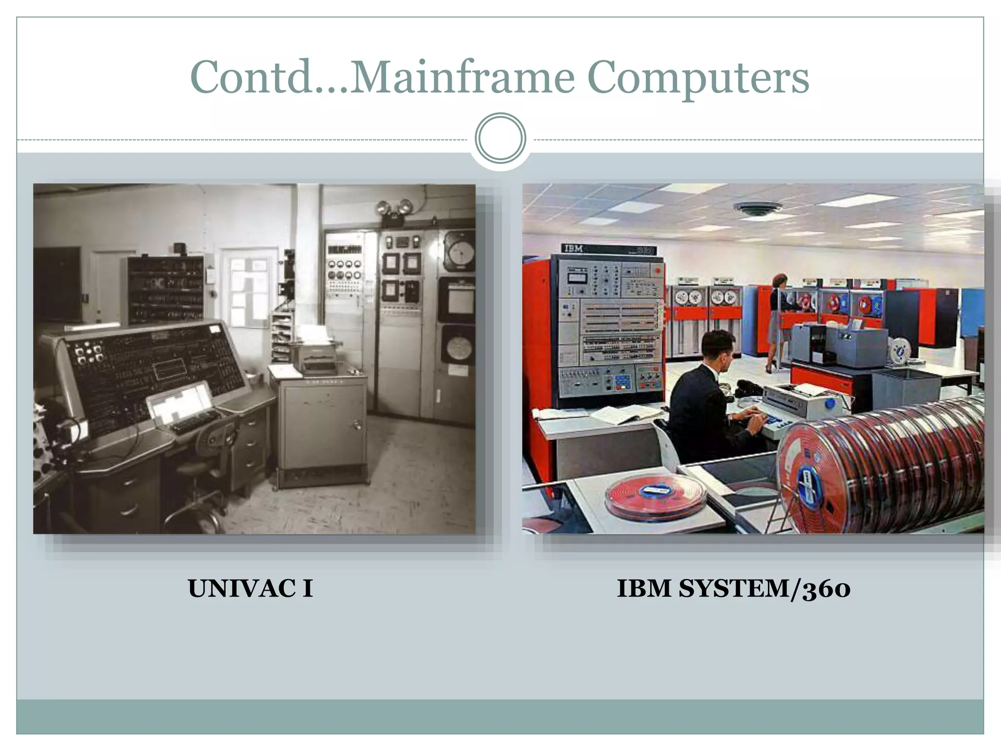 Contd…Mainframe Computers
IBM SYSTEM/360UNIVAC I
 