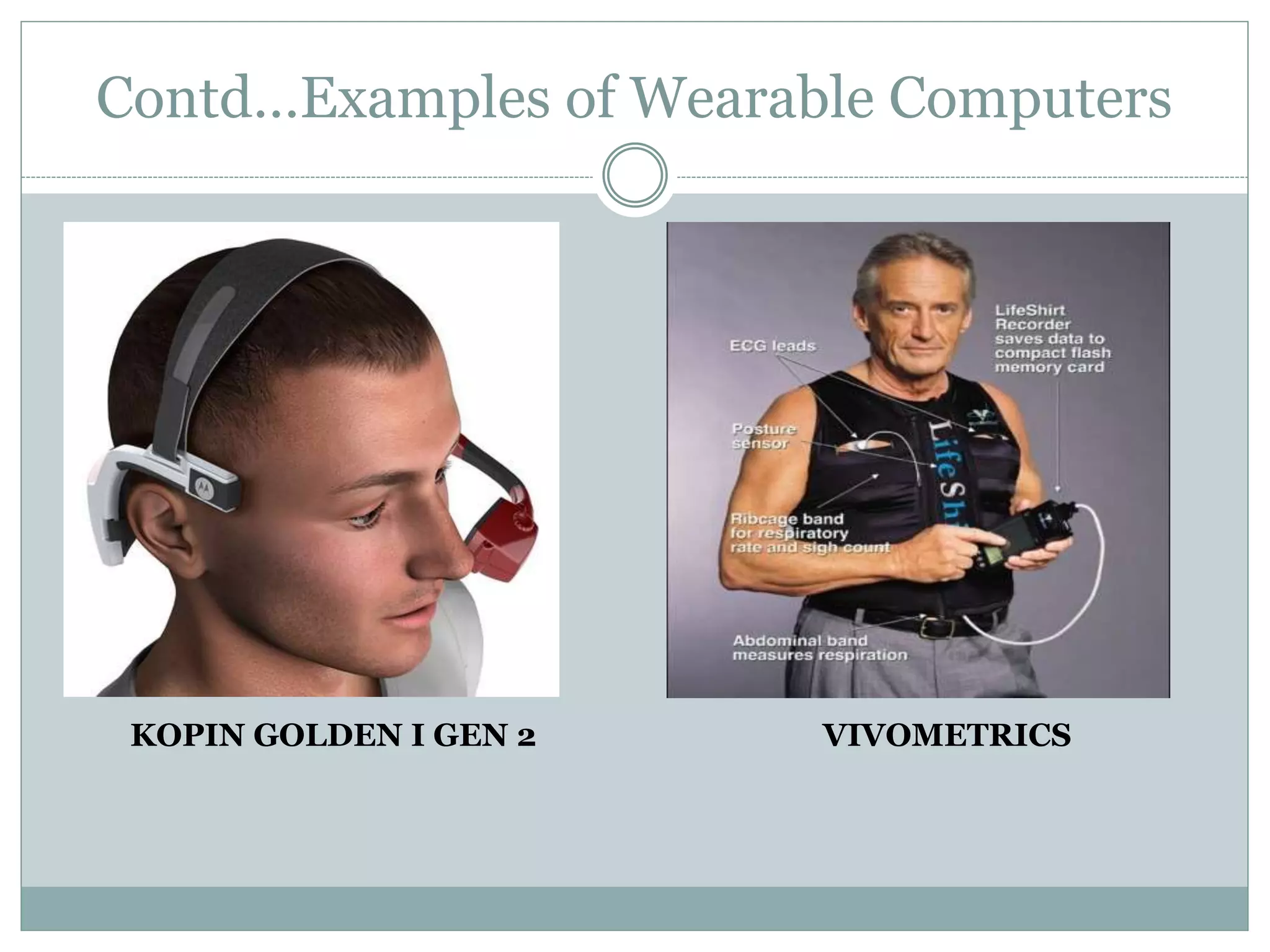 Contd…Examples of Wearable Computers
KOPIN GOLDEN I GEN 2 VIVOMETRICS
 