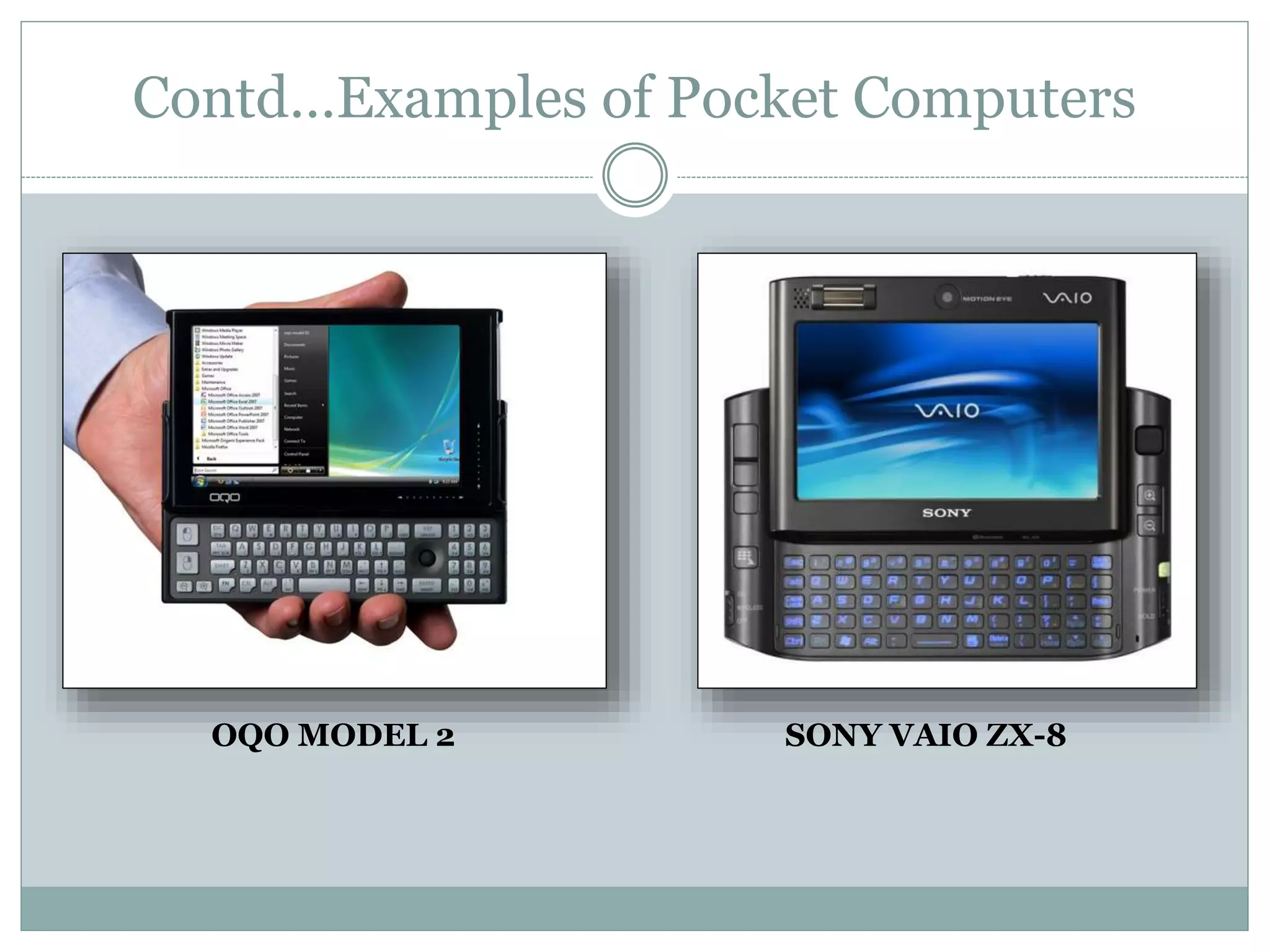 OQO MODEL 2
Contd…Examples of Pocket Computers
SONY VAIO ZX-8
 