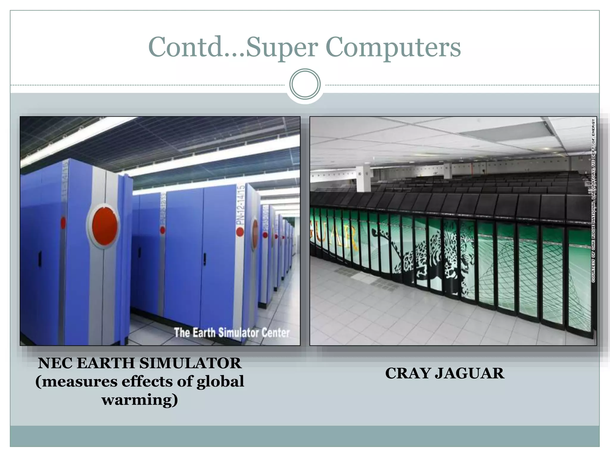 Contd…Super Computers
NEC EARTH SIMULATOR
(measures effects of global
warming)
CRAY JAGUAR
 