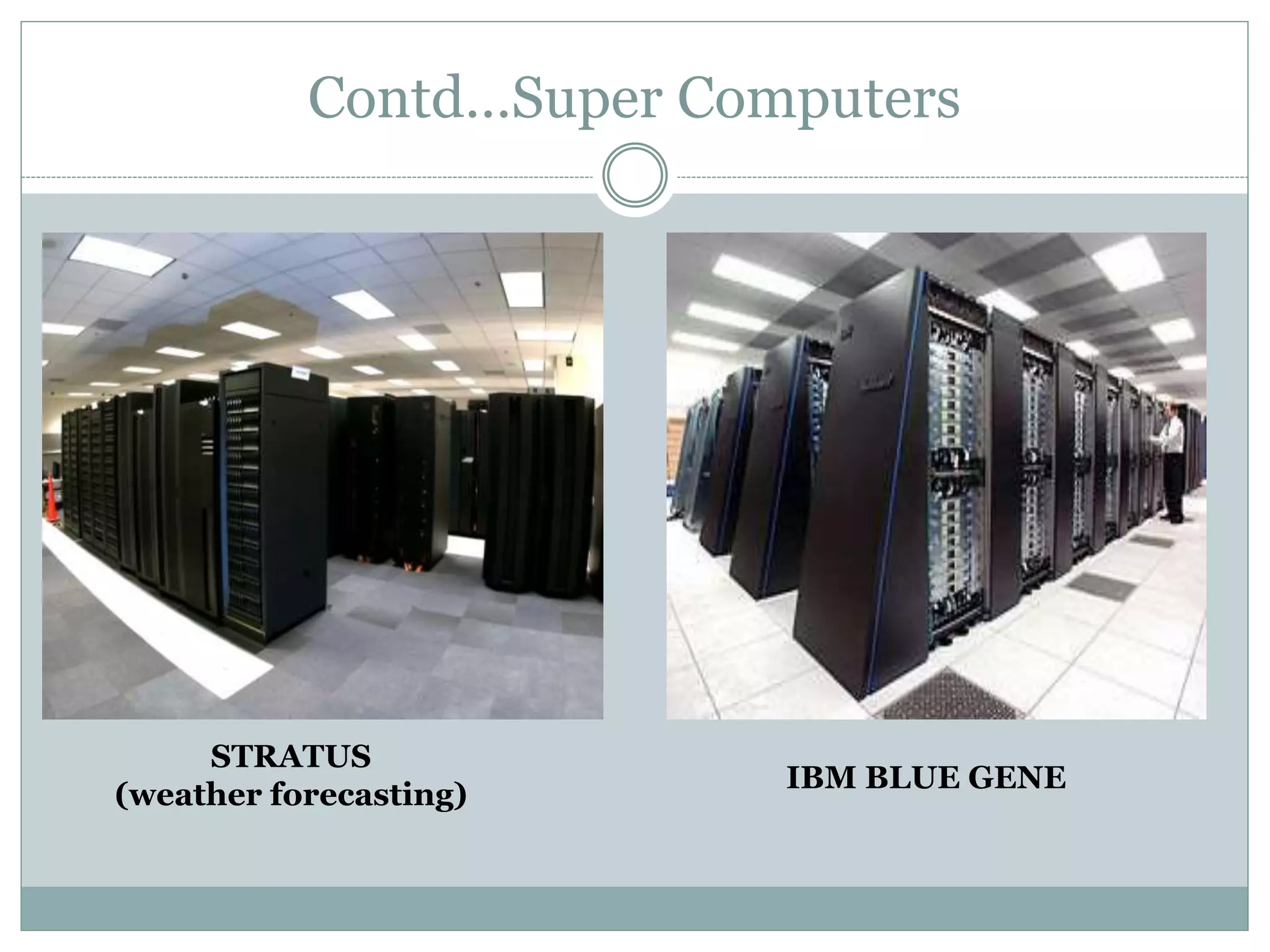 Contd…Super Computers
STRATUS
(weather forecasting)
IBM BLUE GENE
 
