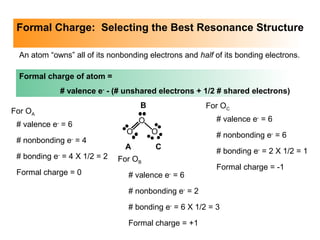 Formal Charge: Selecting the Best Resonance Structure
An atom “owns” all of its nonbonding electrons and half of its bonding electrons.
Formal charge of atom =
# valence e-
- (# unshared electrons + 1/2 # shared electrons)
O
O O
A
B
C
For OA
# valence e-
= 6
# nonbonding e-
= 4
# bonding e-
= 4 X 1/2 = 2
Formal charge = 0
For OB
# valence e-
= 6
# nonbonding e-
= 2
# bonding e-
= 6 X 1/2 = 3
Formal charge = +1
For OC
# valence e-
= 6
# nonbonding e-
= 6
# bonding e-
= 2 X 1/2 = 1
Formal charge = -1
 